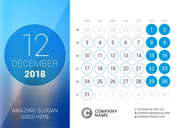 Aralık 2018. Masa takvimi 2018 yıl için. Vektör tasarım yer için fotoğraf yazdırma şablonu. Hafta Pazartesi günü başlar. Takvim kılavuzu hafta numaraları ile