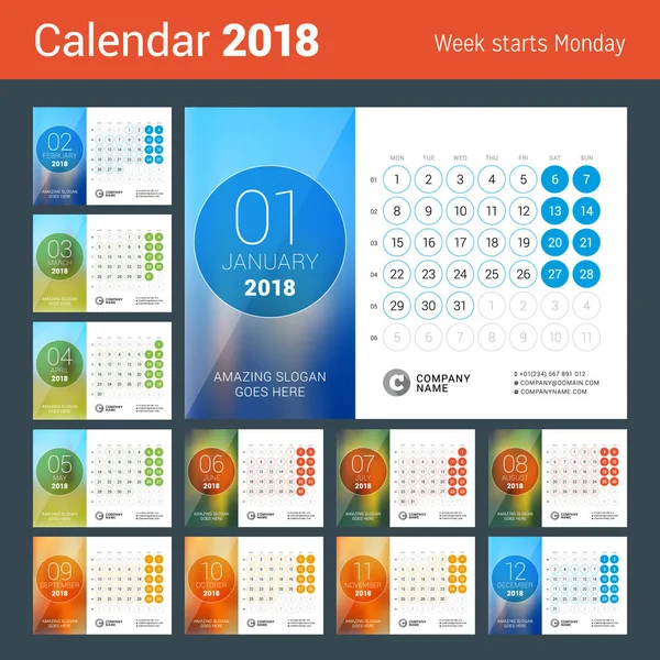 Calendário de Mesa para 2018 Ano. Modelo de impressão de design vetorial com lugar para foto. A semana começa na segunda-feira. Grade de calendário com números de semana —  Vetores de Stock