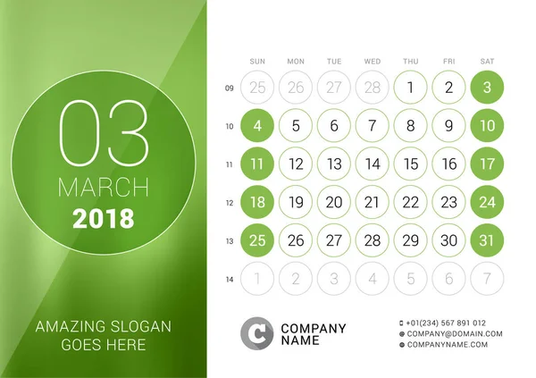 Март 2018 года. Настольный календарь на 2018 год. Шаблон для печати векторного дизайна. Неделя начинается в воскресенье. Календарная сетка с номерами недель — стоковый вектор