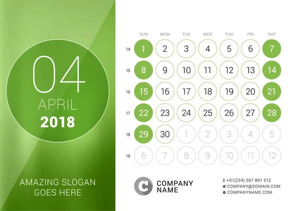 Nisan 2018. Masa takvimi 2018 yıl için. Vektör tasarım yazdırma şablonu. Hafta Pazar günü başlar. Takvim kılavuzu hafta numaraları ile