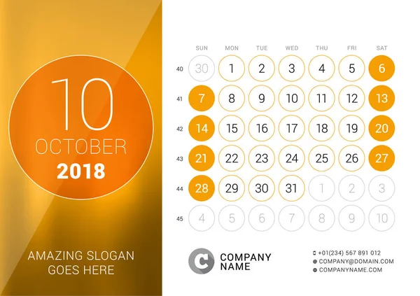 Октябрь 2018 года. Настольный календарь на 2018 год. Шаблон для печати векторного дизайна. Неделя начинается в воскресенье. Календарная сетка с номерами недель — стоковый вектор