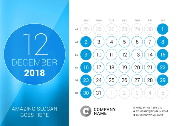 Dezembro de 2018. Calendário de Mesa para 2018 Ano. Modelo de impressão de design vetorial. A semana começa no domingo. Grade de calendário com números de semana —  Vetores de Stock