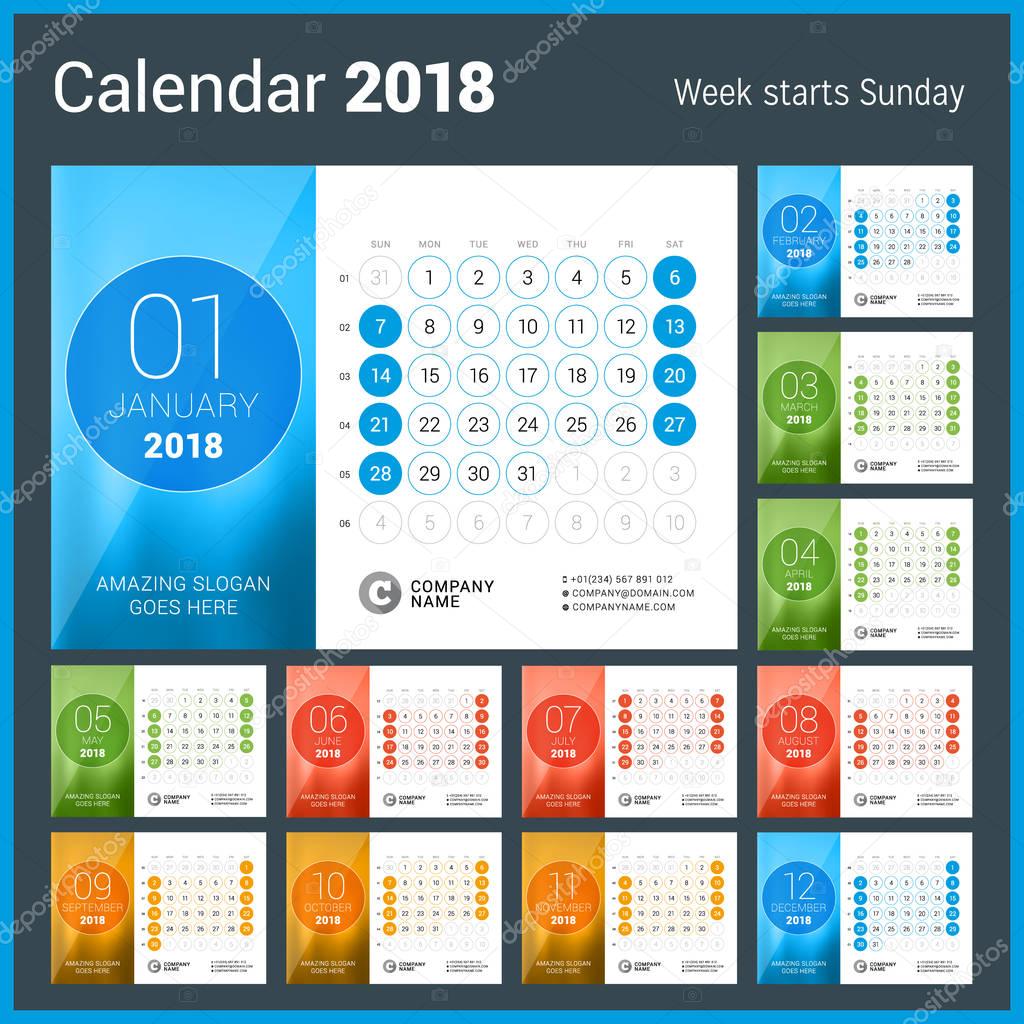 Desk Calendar for 2018 Year. Vector Design Print Template. Week Starts on Sunday. Calendar Grid with Week Numbers