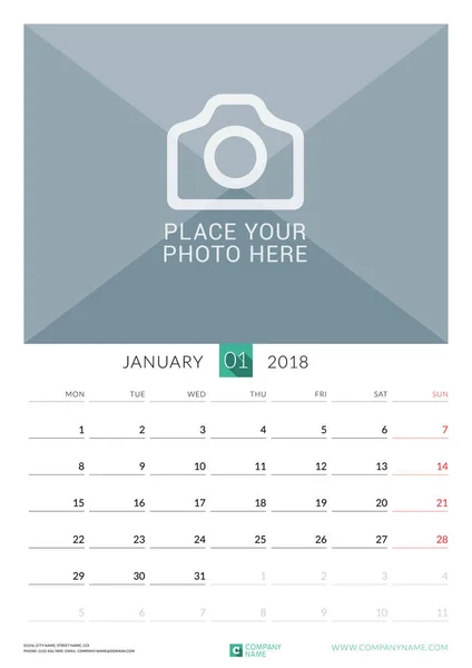 Enero de 2018. Muro Calendario mensual para 2018 Año. Plantilla de impresión de diseño vectorial con lugar para la foto. La semana comienza el lunes. Orientación al retrato — Vector de stock