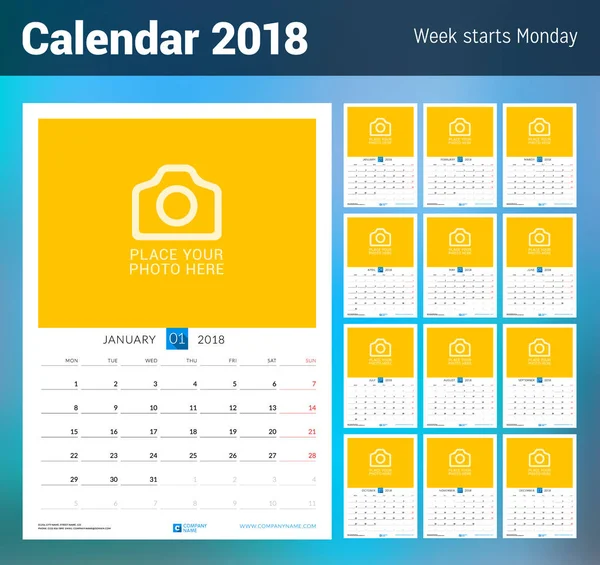 Calendário mensal de parede para 2018 Ano. Modelo de impressão de design vetorial com lugar para foto. A semana começa na segunda-feira. Orientação de Retrato —  Vetores de Stock