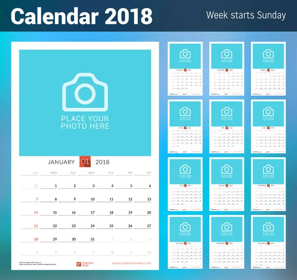 Calendário mensal de parede para 2018 Ano. Modelo de impressão de design vetorial com lugar para foto. A semana começa no domingo. Orientação de Retrato —  Vetores de Stock