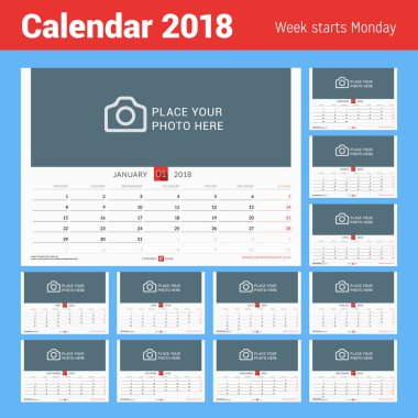 Duvar 2018 yıl için aylık takvim. Vektör tasarım yer için fotoğraf yazdırma şablonu. Hafta Pazartesi günü başlar. Yatay Yönlendirme