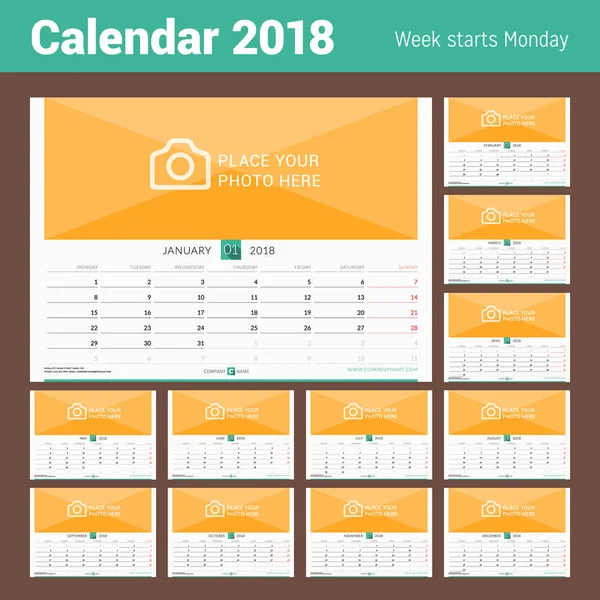 Calendário mensal de parede para 2018 Ano. Modelo de impressão de design vetorial com lugar para foto. A semana começa na segunda-feira. Orientação da paisagem —  Vetores de Stock