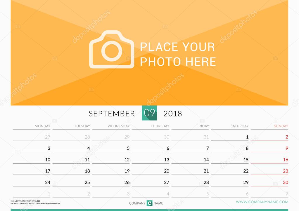 September 2018. Wall Monthly Calendar for 2018 Year. Vector Design Print Template with Place for Photo. Week Starts on Monday. Landscape Orientation