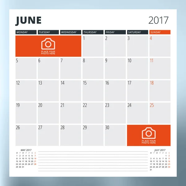 Planner kalendermall för juni 2017. Veckan startar måndag. Skriv ut vektor formgivningsmall isolerad på suddig bakgrund — Stock vektor