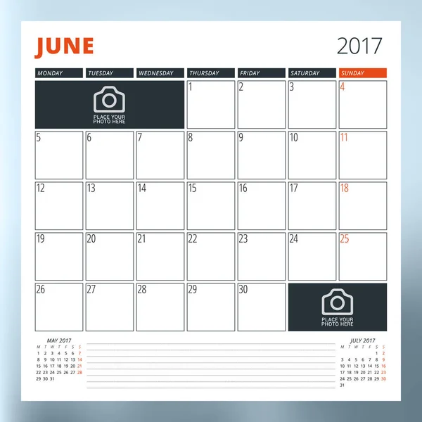 Modelo de planejador de calendário para junho de 2017. A semana começa segunda-feira. Modelo de vetor de impressão de design isolado em fundo embaçado —  Vetores de Stock