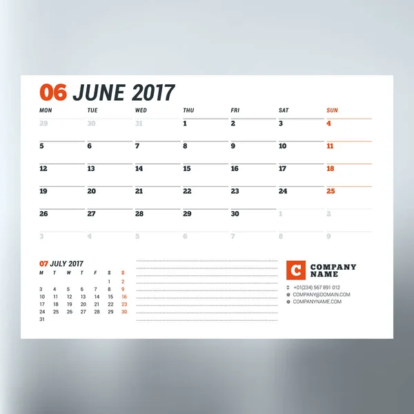 Kalenderplaner-Vorlage für Juni 2017. Woche beginnt Montag. Design Print Vektor Template isoliert auf verschwommenem Hintergrund — Stockvektor