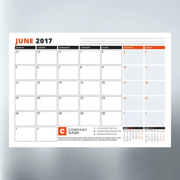 Kalenderplaner-Vorlage für Juni 2017. Woche beginnt Montag. Design Print Vektor Template isoliert auf verschwommenem Hintergrund — Stockvektor