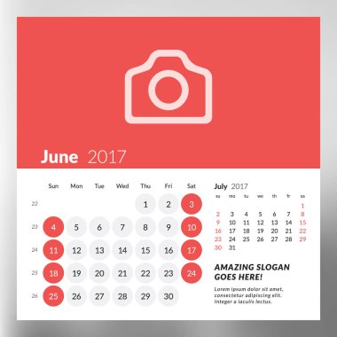 Takvim planlayıcısı şablon Haziran 2017. Haftası Pazar günü başlar. Tasarım yazdırma vektör şablonu üzerinde arka plan bulanık izole