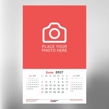 Takvim planlayıcısı şablon Haziran 2017. Haftası Pazar günü başlar. Tasarım yazdırma vektör şablonu üzerinde arka plan bulanık izole