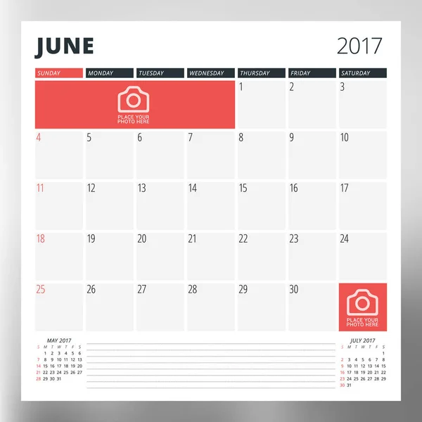 Modelo de planejador de calendário para junho de 2017. A semana começa domingo. Modelo de vetor de impressão de design isolado em fundo embaçado —  Vetores de Stock