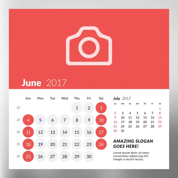 Plantilla de planificador de calendario para junio de 2017. La semana comienza el domingo. Plantilla vectorial de impresión de diseño aislada sobre fondo borroso — Vector de stock