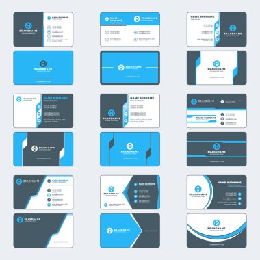 Modern kartvizit baskı şablonları kümesi. Yatay kartvizit. Mavi ve siyah renk. Şirket logosu ile kişisel kartvizit. Vektör çizim. İleti örneği tasarım