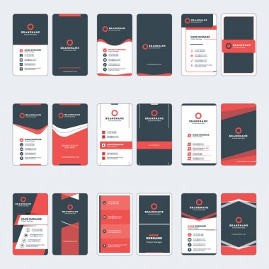 Modern kartvizit baskı şablonları kümesi. Dikey kartvizit. Kırmızı ve siyah renkleri. Şirket logosu ile kişisel kartvizit. Vektör çizim. İleti örneği tasarım