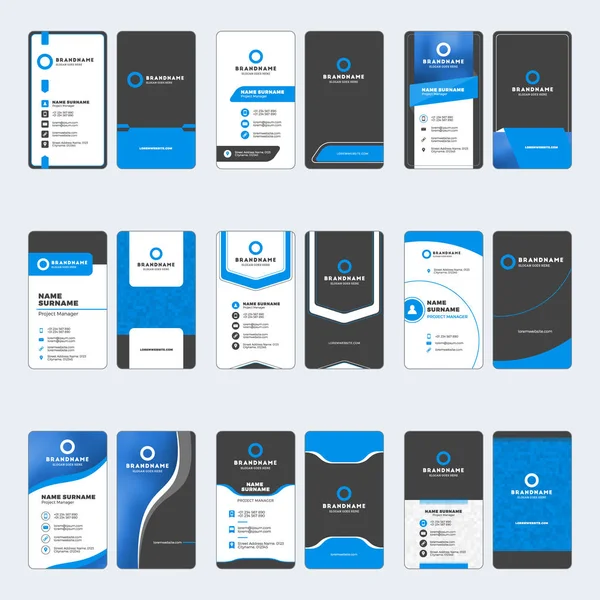 Modern kartvizit baskı şablonları kümesi. Dikey kartvizit. Mavi ve siyah renk. Şirket logosu ile kişisel kartvizit. Vektör çizim. İleti örneği tasarım