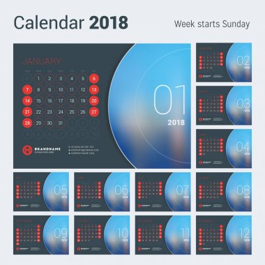 2018 yıl için takvim. Vektör tasarım yer için fotoğraf yazdırma şablonu. Hafta Pazar günü başlar. 12 ay kümesi