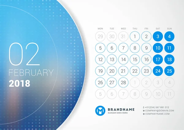 Februari 2018. Bureaukalender voor 2018 jaar. Vector Print ontwerpsjabloon met plaats voor foto. Week begint op maandag — Stockvector