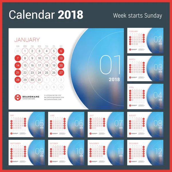 Calendário para 2018 Ano. Modelo de impressão de design vetorial com lugar para foto. A semana começa no domingo. Conjunto de 12 Meses —  Vetores de Stock