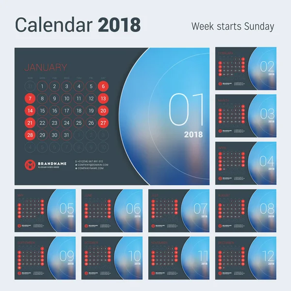 Calendário para 2018 Ano. Modelo de impressão de design vetorial com lugar para foto. A semana começa no domingo. Conjunto de 12 Meses — Vetor de Stock
