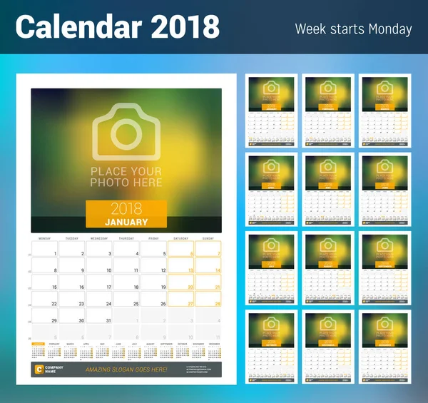 Calendário mensal de parede para 2018 Ano. Modelo de impressão de design vetorial com lugar para foto e calendário de ano. Conjunto de 12 Meses. Semana Sarts na segunda-feira —  Vetores de Stock