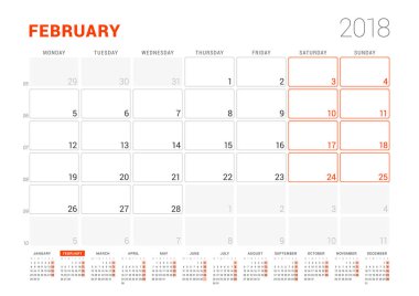 Takvim şablonu 2018 yıl için. Şubat. İş planlayıcısı ile takvim yılı. İleti örneği tasarımı. Hafta Pazartesi günü başlar. Vektör çizim