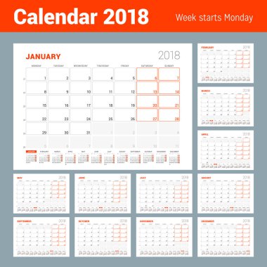 Takvim şablonu 2018 yıl için. 12 ay kümesi. İş planlayıcısı ile takvim yılı. İleti örneği tasarımı. Hafta Pazartesi günü başlar. Vektör çizim