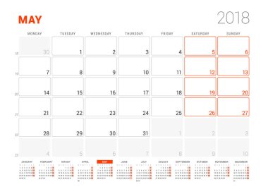 Takvim şablonu 2018 yıl için. Olabilir. İş planlayıcısı ile takvim yılı. İleti örneği tasarımı. Hafta Pazartesi günü başlar. Vektör çizim