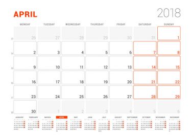 Takvim şablonu 2018 yıl için. Nisan. İş planlayıcısı ile takvim yılı. İleti örneği tasarımı. Hafta Pazartesi günü başlar. Vektör çizim