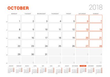 Takvim şablonu 2018 yıl için. Ekim. İş planlayıcısı ile takvim yılı. İleti örneği tasarımı. Hafta Pazartesi günü başlar. Vektör çizim