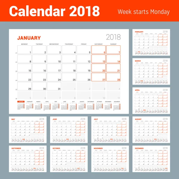Modèle de calendrier pour 2018 Année. Ensemble de 12 mois. Planificateur d'entreprise avec calendrier de l'année. Papeterie Design. La semaine commence lundi. Illustration vectorielle — Image vectorielle