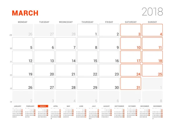 Szablon kalendarza w 2018 roku. Marca. Planowania biznesu z roku kalendarzowego. Projektowanie papeterii. Tydzień rozpoczyna się w poniedziałek. Ilustracja wektorowa — Wektor stockowy