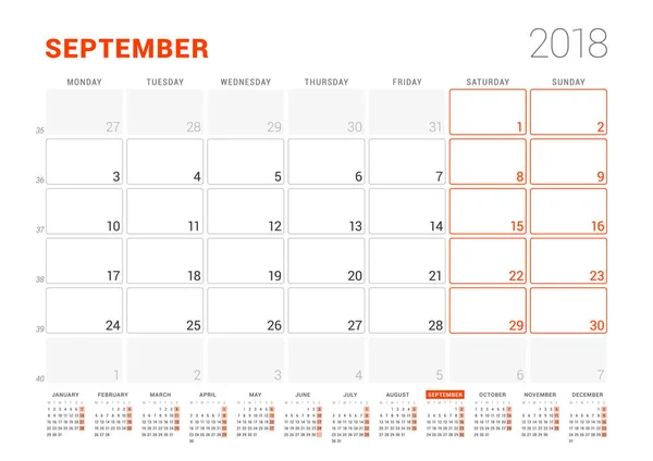 Takvim şablonu 2018 yıl için. Eylül. İş planlayıcısı ile takvim yılı. İleti örneği tasarımı. Hafta Pazartesi günü başlar. Vektör çizim — Stok Vektör