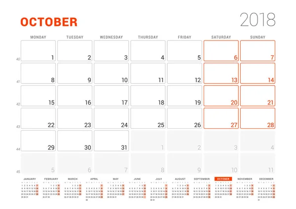Kalendersjabloon voor 2018 jaar. Oktober. Business Planner met jaarkalender. Briefpapierontwerp. Week begint op maandag. Vectorillustratie — Stockvector
