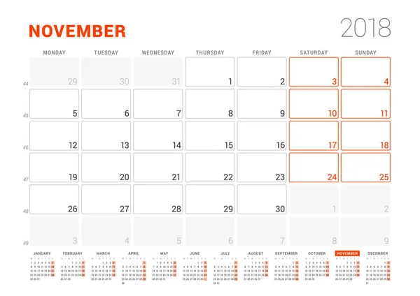 Modelo de calendário para 2018 Ano. Novembro. Planejador de Negócios com Calendário de Ano. Desenho de papelaria. A semana começa na segunda. Ilustração vetorial — Vetor de Stock