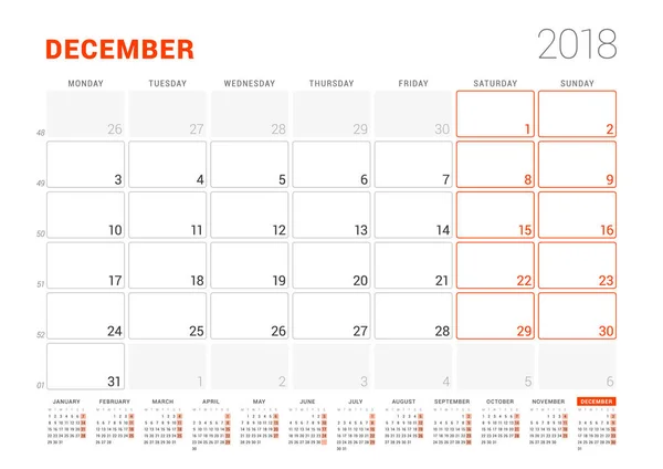 Plantilla de calendario para 2018 Año. Diciembre. Planificador de Negocios con Calendario de Año. Diseño de Papelería. La semana comienza el lunes. Ilustración vectorial — Vector de stock