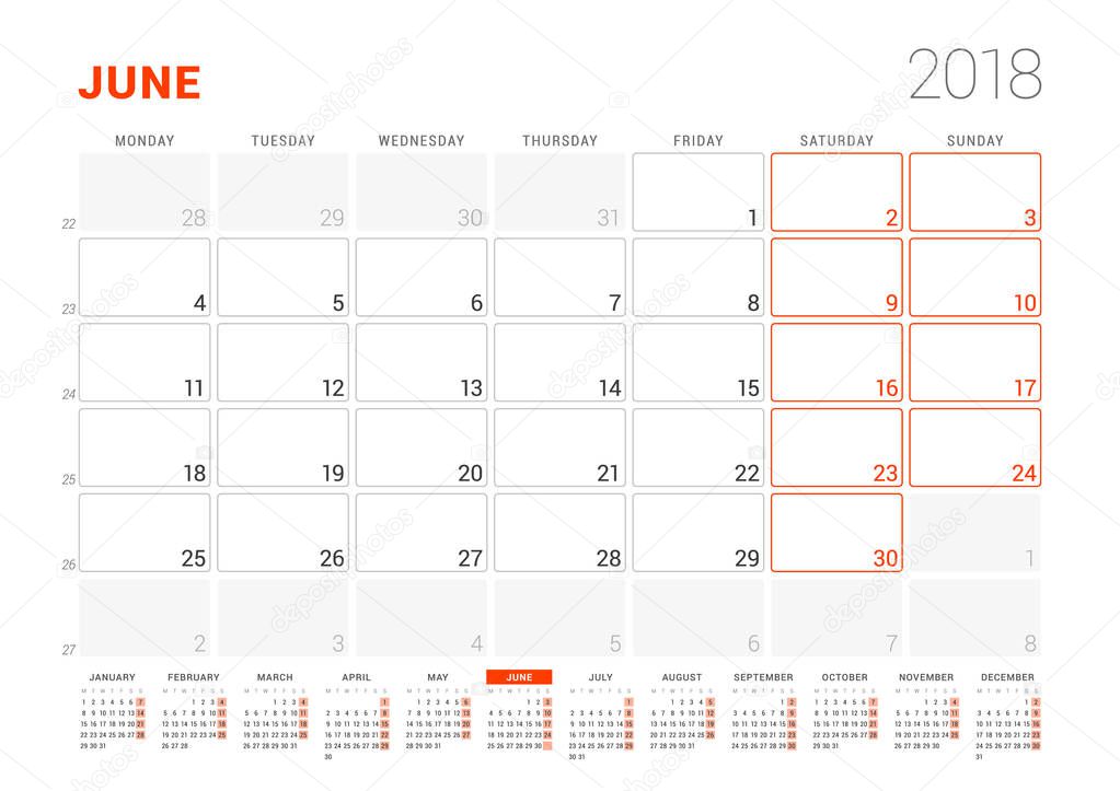 Calendar Template for 2018 Year. June. Business Planner with Year Calendar. Stationery Design. Week starts on Monday. Vector Illustration