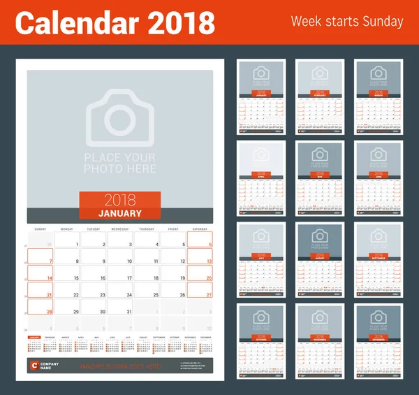 Monatlicher Kalenderplaner für das Jahr 2018. Vektor Design Druckvorlage mit Platz für Foto und Jahreskalender. Wochentage am Sonntag — Stockvektor