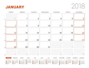 Takvim şablonu 2018 yıl için. Ocak. İş planlayıcısı ile takvim yılı. İleti örneği tasarımı. Hafta Pazar günü başlar. Vektör çizim