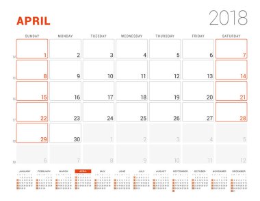 Takvim şablonu 2018 yıl için. Nisan. İş planlayıcısı ile takvim yılı. İleti örneği tasarımı. Hafta Pazar günü başlar. Vektör çizim
