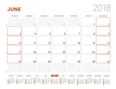 Takvim şablonu 2018 yıl için. Haziran. İş planlayıcısı ile takvim yılı. İleti örneği tasarımı. Hafta Pazar günü başlar. Vektör çizim