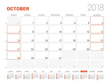 Takvim şablonu 2018 yıl için. Ekim. İş planlayıcısı ile takvim yılı. İleti örneği tasarımı. Hafta Pazar günü başlar. Vektör çizim