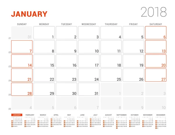 Kalendermall för 2018 år. Januari. Business Planner med årskalender. Pappersvaror Design. Veckan börjar på söndag. Vektorillustration — Stock vektor