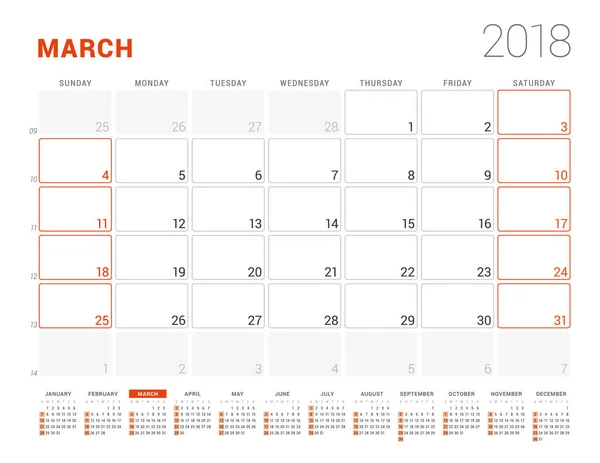 Шаблон календаря на 2018 год. В марте. Бизнес-планировщик с календарём года. Канцелярский дизайн. Неделя начинается в воскресенье. Векторная миграция — стоковый вектор