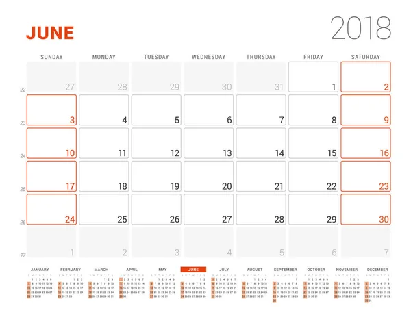 Szablon kalendarza w 2018 roku. Czerwca. Planowania biznesu z roku kalendarzowego. Projektowanie papeterii. Tydzień rozpoczyna się w niedzielę. Ilustracja wektorowa — Wektor stockowy