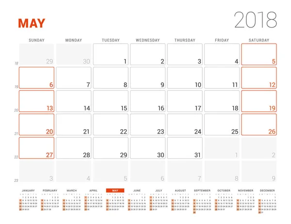 Modelo de calendário para 2018 Ano. Pode ser. Planejador de Negócios com Calendário de Ano. Desenho de papelaria. A semana começa no domingo. Ilustração vetorial — Vetor de Stock